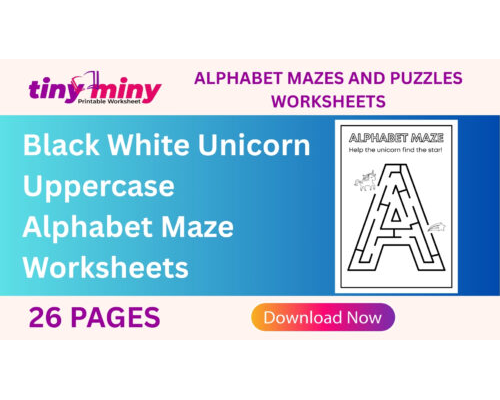 Black White Unicorn Uppercase Alphabet Maze Worksheets