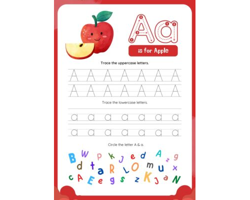 Tracing Letter A for Apple Worksheet in Red and White Illustrative Style